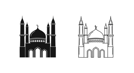 Fototapeta premium Mosque vector icon set, black silhouette and outline line art, Islamic architecture, isolated on white