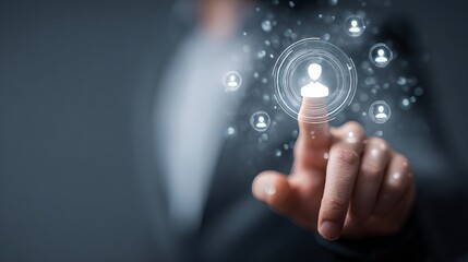 businessman touching a virtual icon of a human figurine with icons