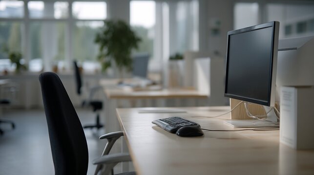 Modern open plan office desk with computer monitor keyboard and mouse, clean workspace for productivity and business tech, calm morning light for back to work season