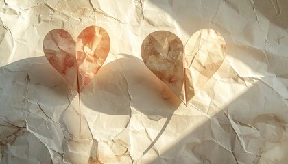 Vintage heart shapes on crumpled paper background with soft light