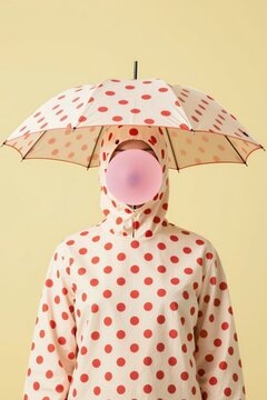 Quirky figure in polka dot umbrella hat. A bubblegum surreal concept featuring a cherry red polka dot pattern hat in an unexpected scale against a bright pastel yellow studio background.