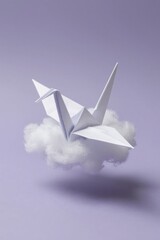 Paper crane origami folded from actual cloud material floating weightlessly. Sculpture of vapor, traditional craft meets atmospheric wonder in ethereal minimal scene.