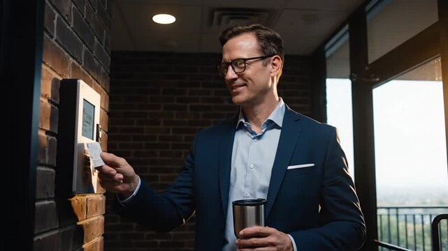 Office entry with business man scans card.