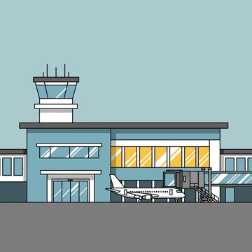 Modern airport building with airplane and jet bridge, flat illustration