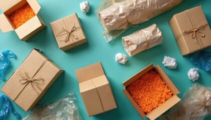 Cardboard boxes, packaging paper lay scattered. Items prepared for shipping. Eco-friendly wrapping materials used for parcels. Boxes shredded orange filler. Waste paper balls, plastic bags nearby.