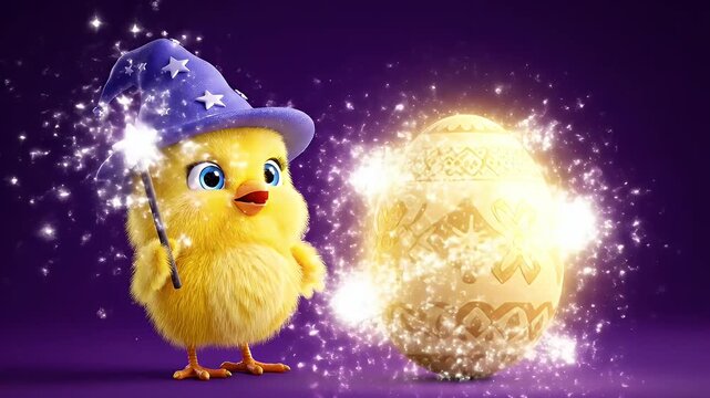 Adorable cartoon chick wizard casts a glowing spell on a golden easter egg