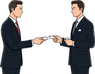 Two businessmen in dark suits exchange business cards in a professional exchange
