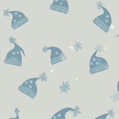 Winter Pattern Blue Pixel Hats Snowflakes Soft Light Seamless Texture