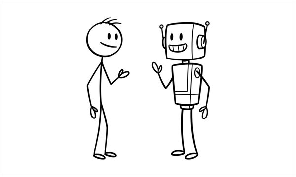 A friendly conversation between a human Stick Figure and a modern robot discussing new ideas