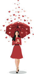 Woman In Red Dress Holding Heart Umbrella Falling Hearts Isolated