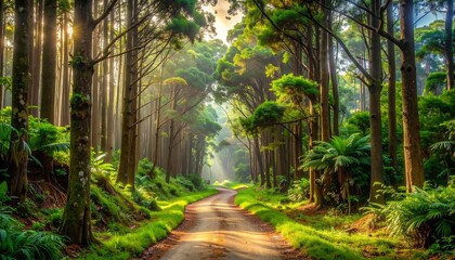 Obraz premium A sunlit dirt road winds through a lush, verdant forest, with tall trees creating a canopy. Soft light streams through