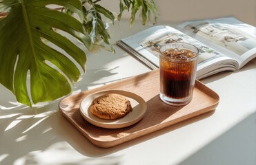 Minimalist Cafe Flat Lay with Iced Coffee and Cookie