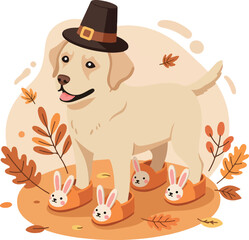 Yellow Lab Dog Wearing Pilgrim Hat and Bunny Slippers Autumn Leaves
