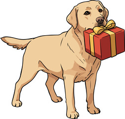 Yellow Labrador Dog Carrying Red Gift Box with Yellow Ribbon