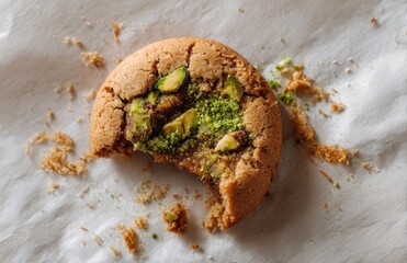 Broken Pistachio Cookie With Kunafa Texture On White Paper Background