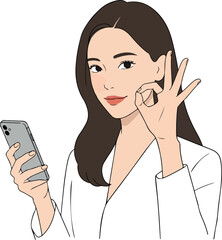 Young Woman Holding Phone Shows Okay Sign White Outfit Minimalist Line Art