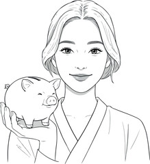 Young Woman Holding Piggy Bank Vector Illustration
