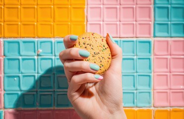 Obraz premium Female Hand With Pastel Manicure Holding Cookie On Colorful Tile Wall