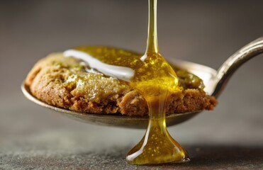 Golden syrup dripping from spoon onto fresh baked pastry dessert