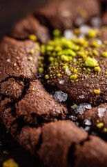 Dark chocolate cookie crust with pistachio nuts and salt crystals