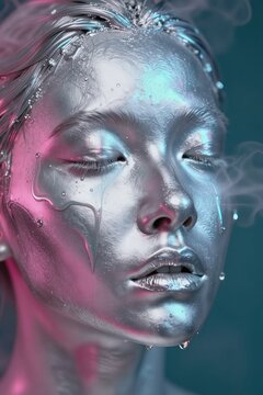 Silver liquid melting face surreal emotion. This concept features a face dissolving into iridescent oil-slick colors with magenta highlights against a teal background and pink fog.