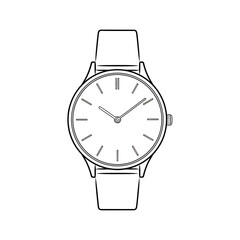 Minimalist line art drawing of a classic wristwatch with a white face and leather strap.