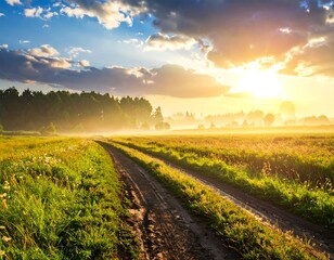 Obraz premium A sunlit, early morning landscape shows a dirt road through a vibrant field, with a forest and a sun breaking through clouds