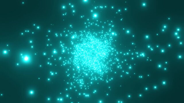 小さな水色の光の粒子が一瞬で弾けて消えていくアニメーション。綺麗なパーティクルの4Kの背景動画。ゲームや映像作品の演出に適したファンタジックな2DFX素材
