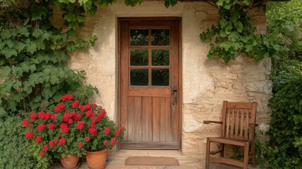 Fototapeta premium Rustic Wooden Door Framed By Vibrant Red Bougainvillea In A Lush Green Garden Setting