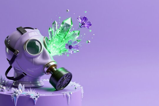 Lavender porcelain gas mask emitting acid-green crystals and violet glass flowers onto a frosted pedestal. Concept of toxic beauty and the protective transformation of high-fashion gear.