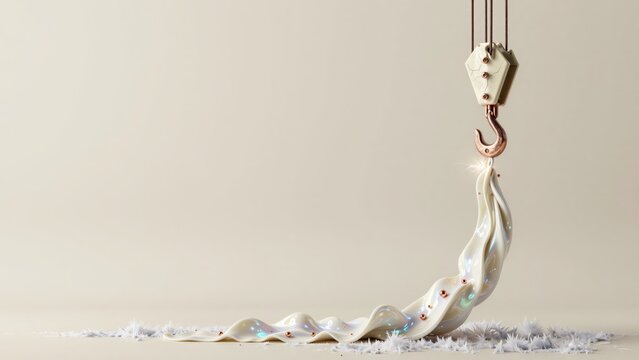 Cream porcelain crane hook suspended by liquid copper, releasing pearl-colored silk and glowing spheres. Concept of quiet industrial luxury and the weight of invisible creative forces.