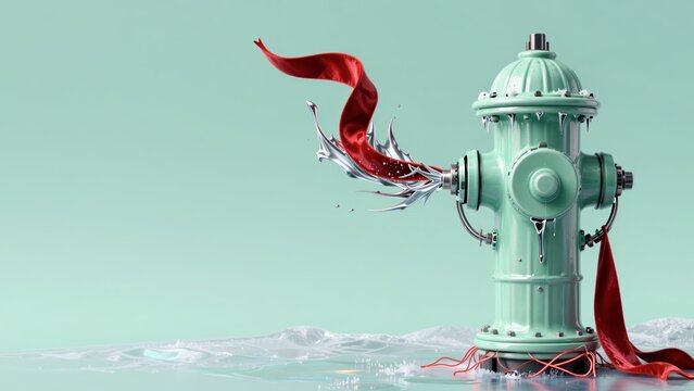 Mint-green porcelain fire hydrant bursting with liquid silver and crimson velvet ribbons over holographic frost. Concept of urban surrealism and the elegant release of hidden pressures.
