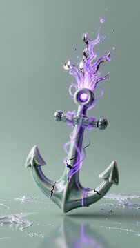 Sage-green porcelain anchor releasing an explosion of neon-violet plasma and liquid silver ribbons from its fissures. Concept of digital naval heritage and the techno-ascetic soul of the sea.