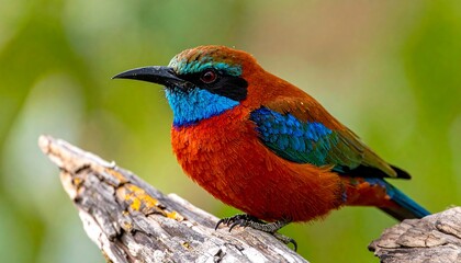 Obraz premium A vibrant bird displays a spectrum of colors rich oranges, turquoise, and emerald green. The creature rests on a weathered branch