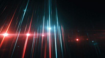 Abstract digital artwork with vertical light streaks of teal and red on a black background, with bright lens flares adding depth
