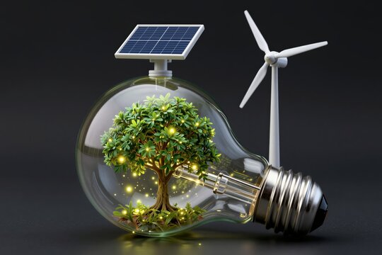 A lightbulb containing a tree and powered by renewable energy. Concept of green technology, sustainable innovation, and eco-friendly energy solutions.