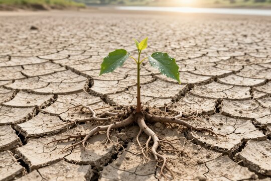 A young tree grows from a cracked riverbed, its leaf catching a dewdrop under a harsh sun. Concept of resilience, adaptation, and hope in the face of drought.