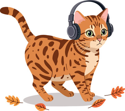 Bengal Cat Wearing Headphones Listening to Music with Autumn Leaves