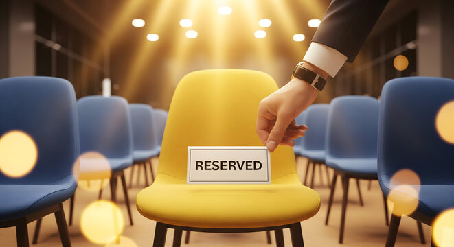 Reserved seat in empty auditorium with blue chairs and spotlight