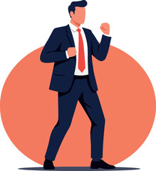 Businessman In Navy Blue Suit Red Tie Boxing Pose Flat Design