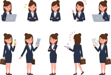 Fototapeta premium Businesswoman Poses Flat Design Set Navy Suit Isolated White Background