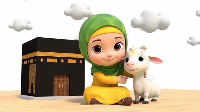 Muslim girl and sacrifice goat near Kaaba celebrating Eid al Adha