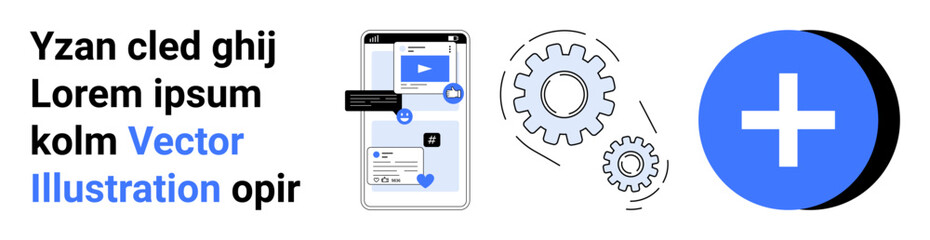 Obraz premium Technology, healthcare, design, development, user interface, analytics. Mobile interface with icons, gears and a medical plus sign. Technology and healthcare innovation concept