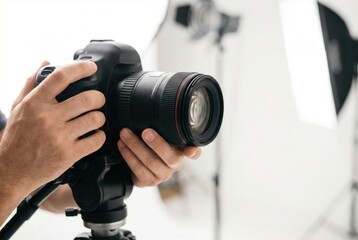 A photographer adjusts a professional DSLR camera on a tripod in a photo studio with lighting equipment.