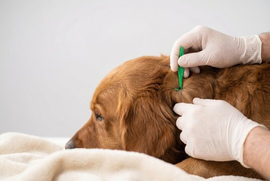 A veterinarian or owner in gloves uses a special tool to safely remove a tick from a golden retriever dog.