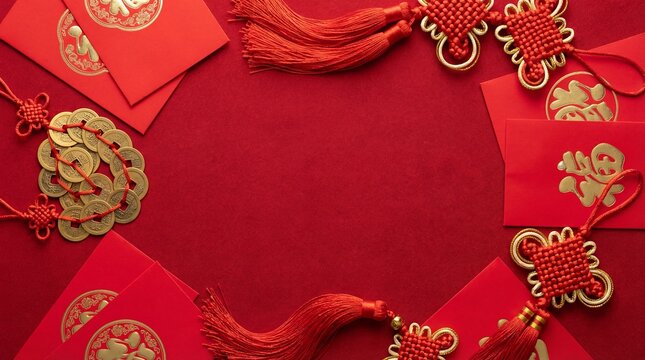 Chinese New Year decorations with red envelopes, tassels, and coins on a red background.