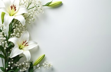 Naklejka premium White lilies and gypsophila arrangement on white background. Gentle floral design for cards, sympathy, memorials or greetings. Delicate, pure, elegant, and peaceful.