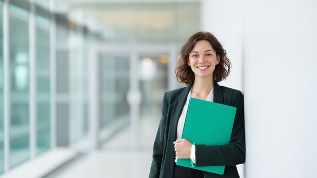 Professional businesswoman finance advisor holding green folder in modern bank hallway representing investment management and financial consulting with copy space. 