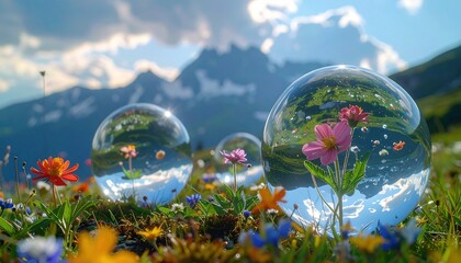 Flowers blooming in a meadow, reflected in glass orbs, mountains in back