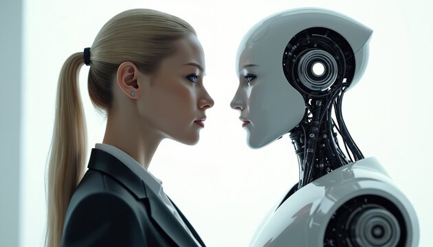 Businesswoman, robot face off, hinting at AI integration, future work dynamics. Human versus machine competition, collaboration themes explored. Advanced tech meets human intellect in clean setting.